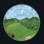 Tablero de dardo Golfing<br><div class="desc">Este tablero de dardo Golfing ofrece un fondo del campo de golf con una trampa de arena y la bandera del golf, un carro de golf rojo, un carro de golf azul ambos con las bolsas de golf. El texto estilizado es golf. ¡Regalo perfecto para el golfista en su vida!...</div>