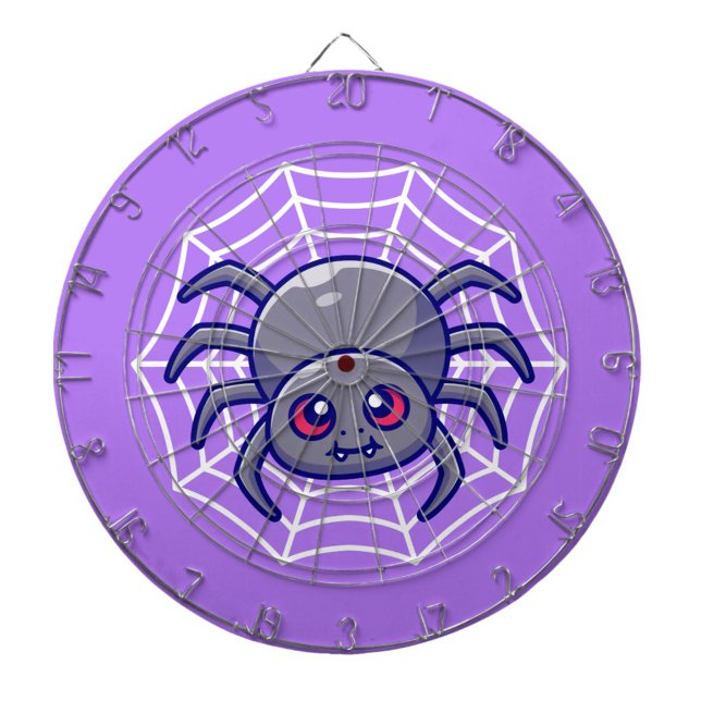 Tablero de dardos de telaraña (A playful animated spider spins in its web on a vibrant purple background. )