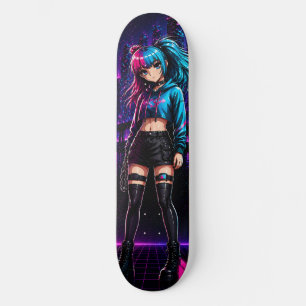 Tablero de monopatín de chica anime cyberpunk neón