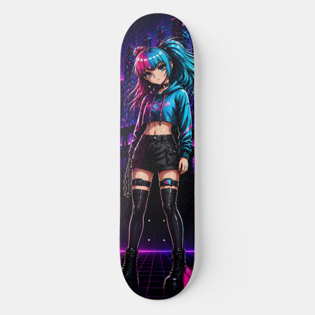 Tablero de monopatín de chica anime cyberpunk neón (Anverso)