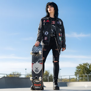 Tablero de monopatín de chica ciberpunk emo urbana