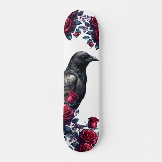 Tablero de patineta de cuervo negro y rosas rojas  (Anverso )