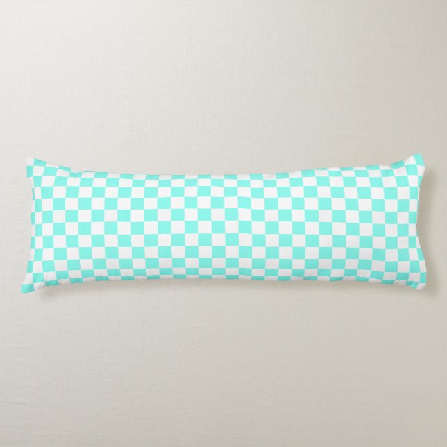 Tablero retro, almohada de cuerpo blanco y Aqua (Anverso)