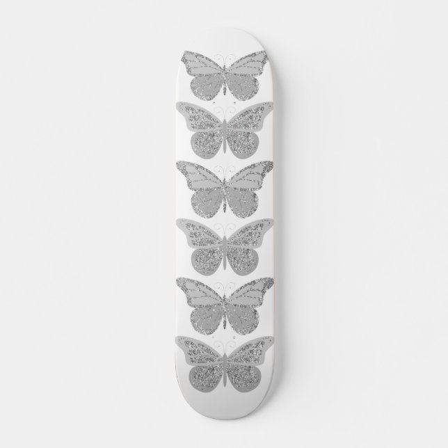 Tablón de patineta Mariposas Brillo Gris Plateado (Anverso )