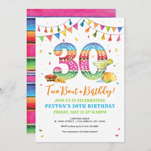 Taco Bout invitación a la Fiesta de Cumpleaños 30 (Anverso / Reverso)