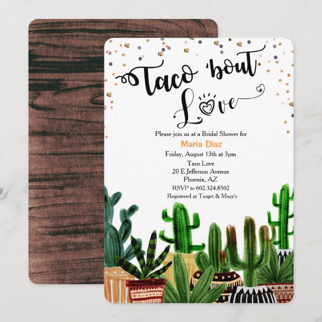 Taco 'bout Love Cactus Bridal Shower Invitación (Anverso / Reverso)