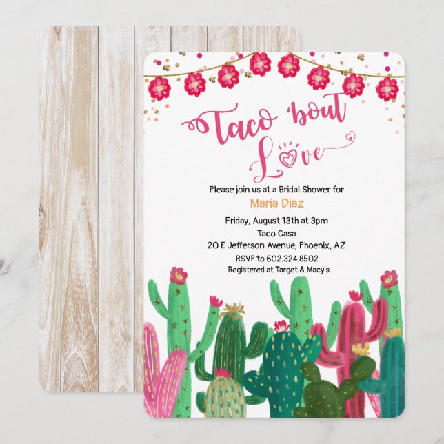 Taco 'bout Love Cactus Bridal Shower Invitación (Anverso / Reverso)