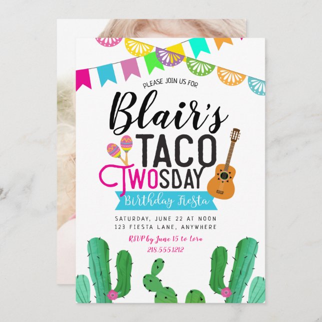 Taco Invitación de cumpleaños a la foto de dos día (Anverso / Reverso)