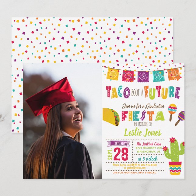 Taco sobre una futura invitación a graduación Foto (Anverso / Reverso)