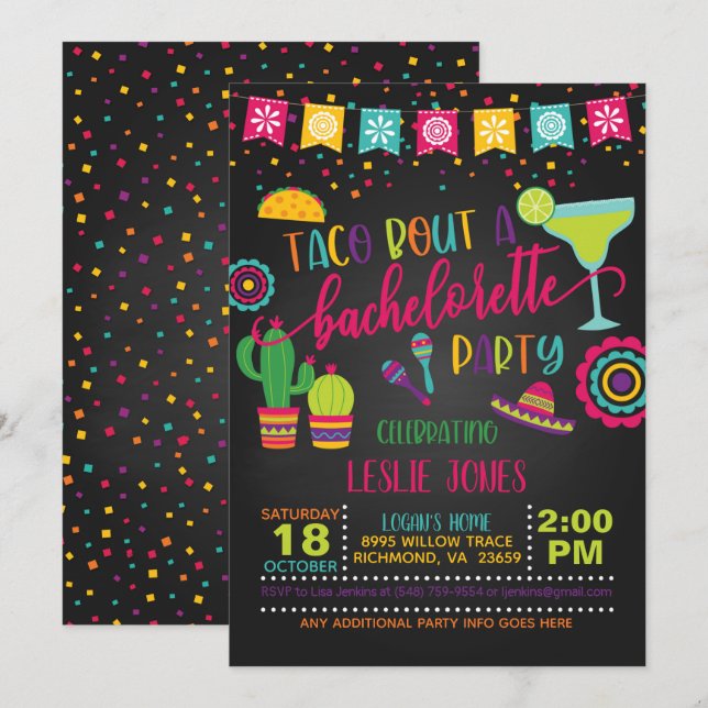 Taco sobre una invitación a la fiesta de la bachil (Anverso / Reverso)