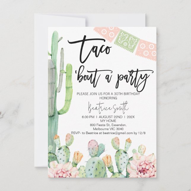 Taco verde rosado sobre invitación a cumpleaños Fi (Anverso)