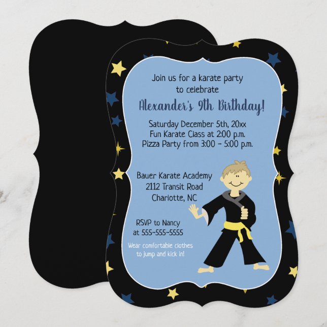 Tae Kwon Do Birthday Invitaciones Yellow Belt Boy (Anverso / Reverso)