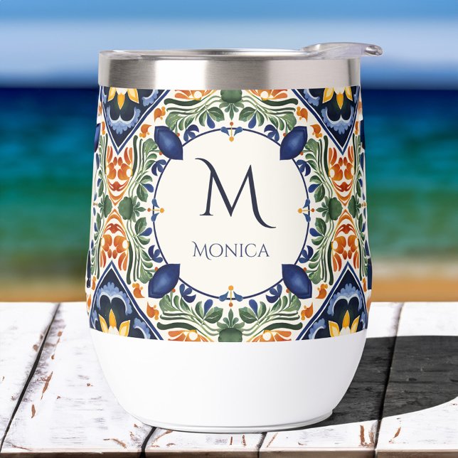 Talavera Azulejo damas de honor regalos monograma (Talavera Azulejo blue tiles bridesmaids gifts for her personalized monogram Thermal Wine Tumbler)