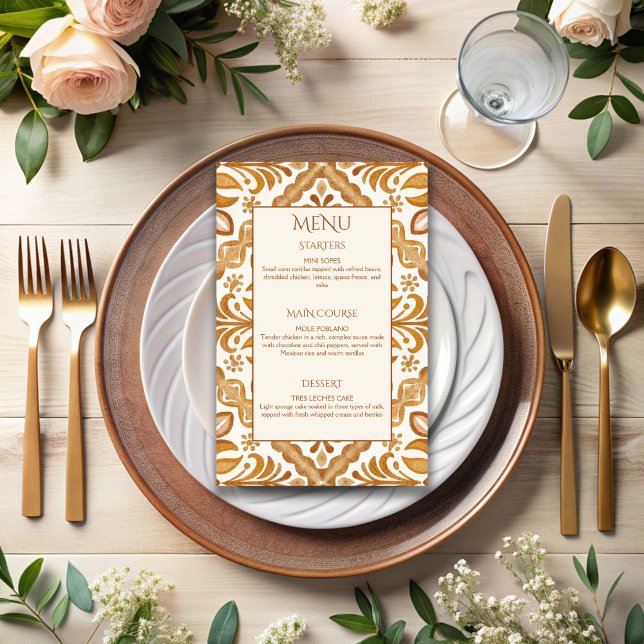 Talavera terracotta vintage menú boda mexicano (Talavera terracotta tiles vintage Mexican wedding menu personalized wedding reception table decor)