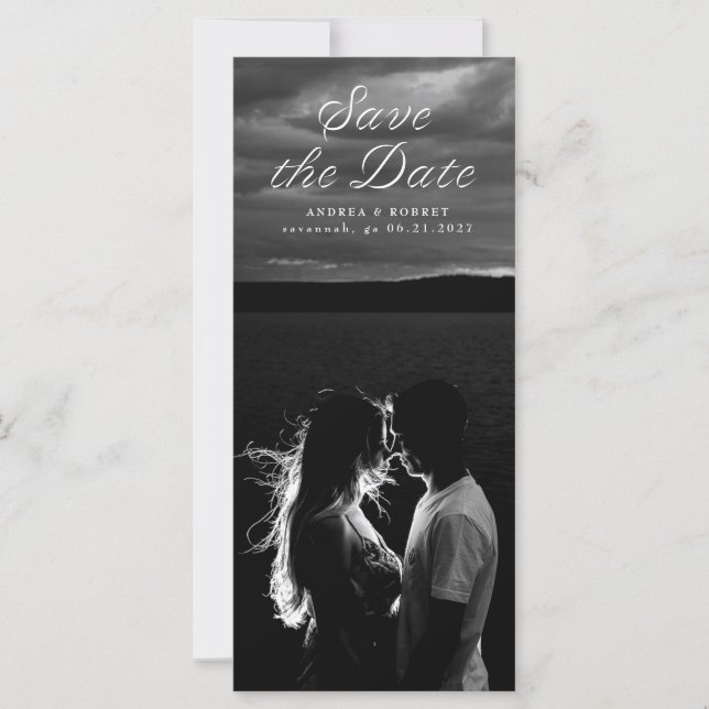 Tall Ribbon Script Save the Date Card (Anverso)