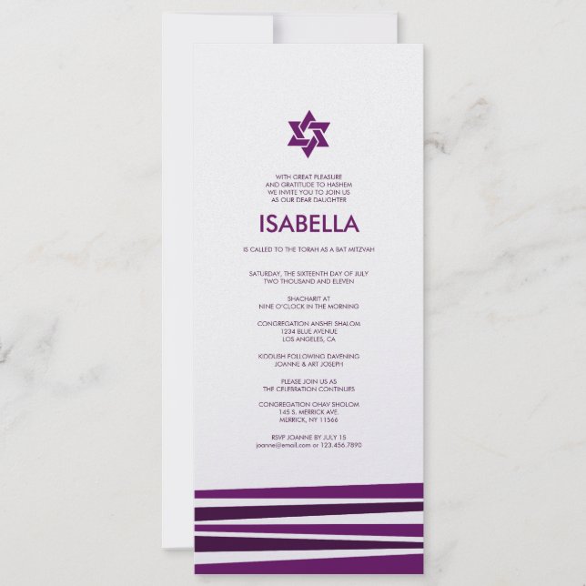 Tallit Bar Mitzvah en invitación púrpura (Anverso)
