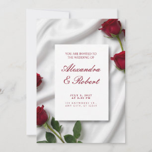 Tallo de Rosa Roja Invitación de Boda de Seda Blan