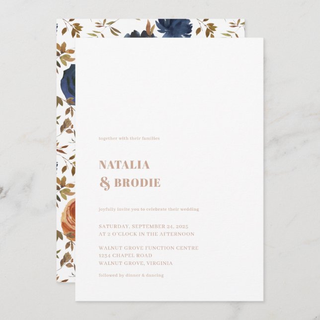 Tan azul bohemio e invitación a la boda floral (Anverso / Reverso)