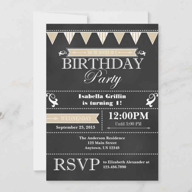 Tan Beige Black Chalkboard Invitación de cumpleaño (Anverso)