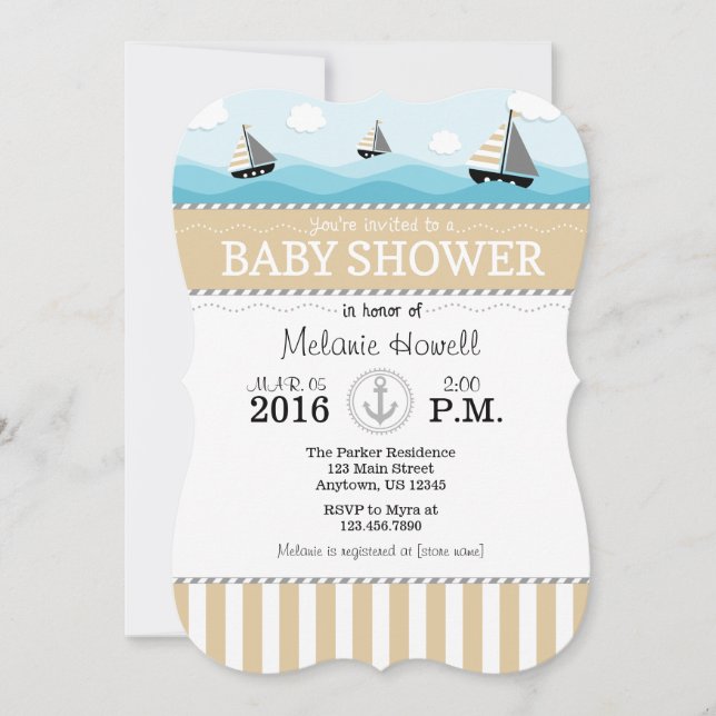 Tan Beige Blue Nautical Baby Shower Invitación (Anverso)