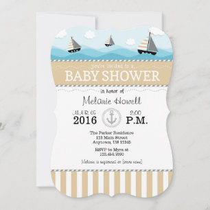 Tan Beige Blue Nautical Baby Shower Invitación