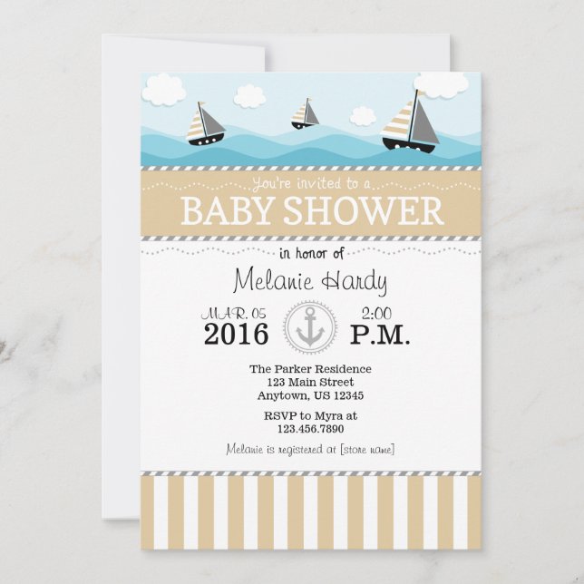 Tan Beige Blue Nautical Baby Shower Invitación (Anverso)