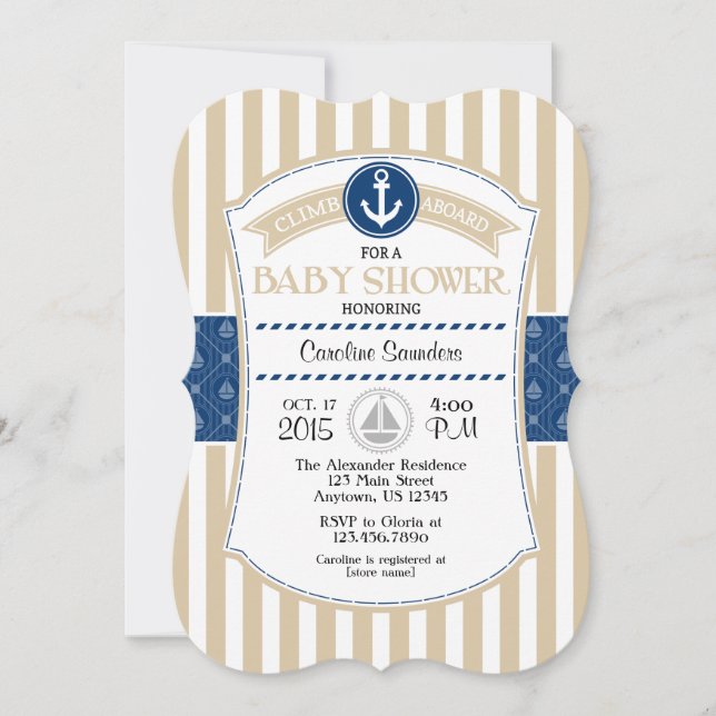 Tan Beige Blue Nautical Baby Shower Invitación (Anverso)