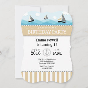 Tan Beige Blue Nautical Birthday Invitación
