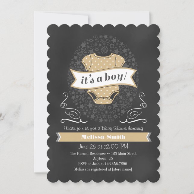 Tan Beige Chalkboard Boy Invitación de Baby Shower (Anverso)