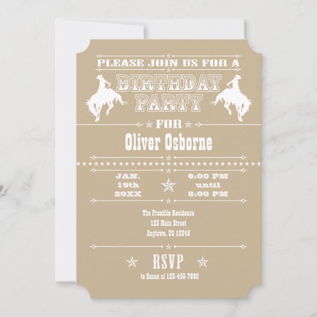 Tan Beige Cowboy Rodeo Invitación a la fiesta de c (Anverso)