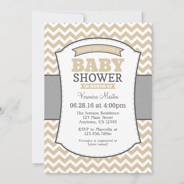 Tan Beige Gray Chevron Invitación a Baby Shower (Anverso)