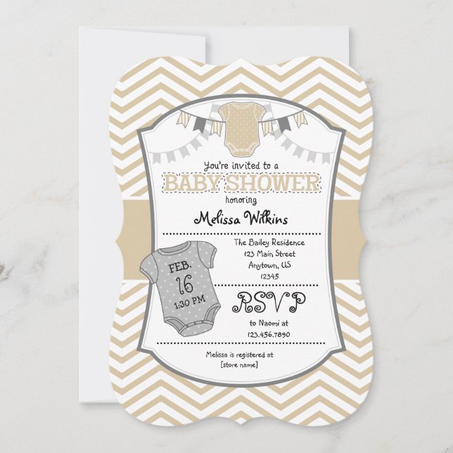 Tan Beige Gray Chevron Invitación a Baby Shower (Anverso)