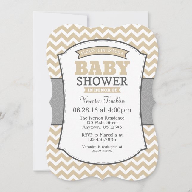 Tan Beige Gray Chevron Invitación a Baby Shower (Anverso)