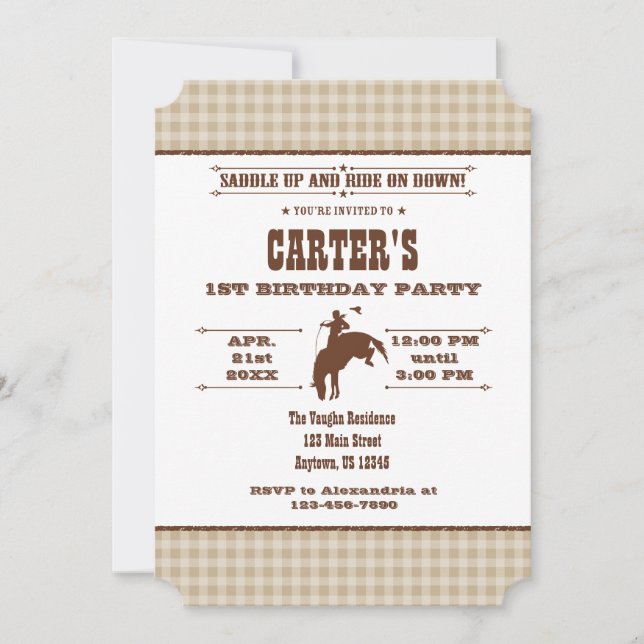 Tan Beige Invitación al cumpleaños de Cowboy Rodeo (Anverso)