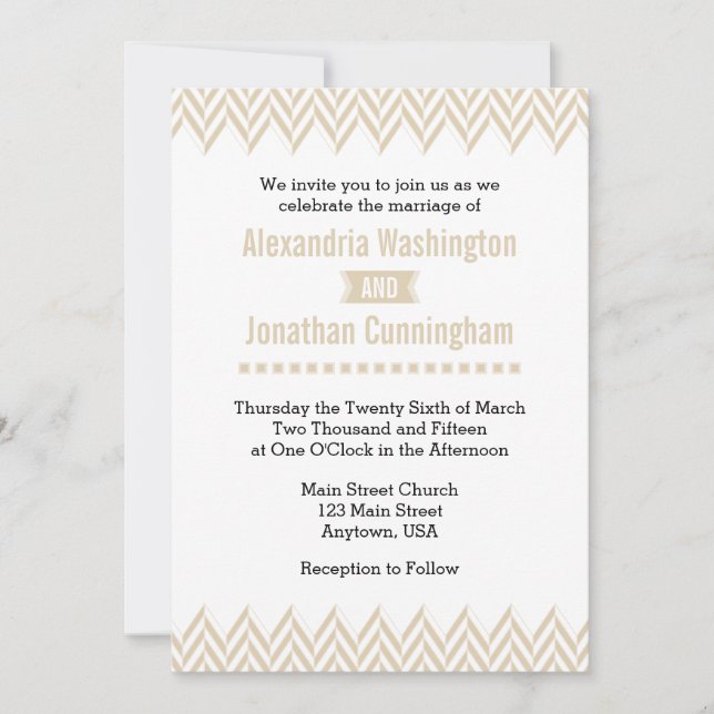 Tan Beige White Herringbone Wedding Invitación (Anverso)