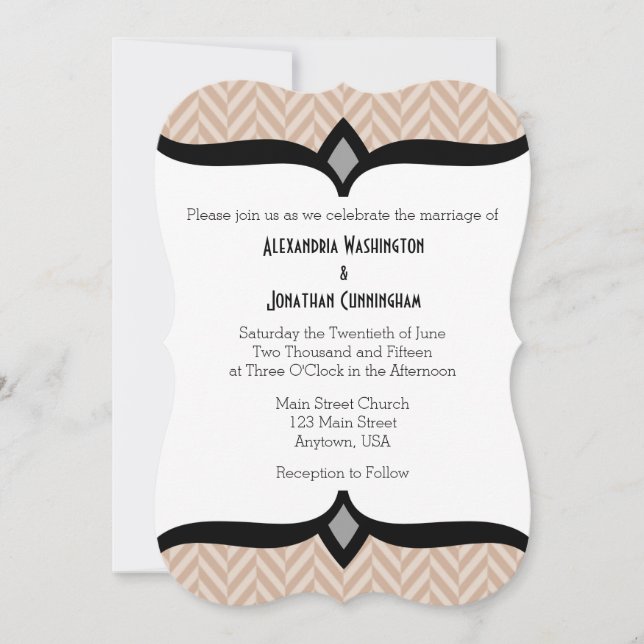 Tan Beige White Herringbone Wedding Invitación (Anverso)