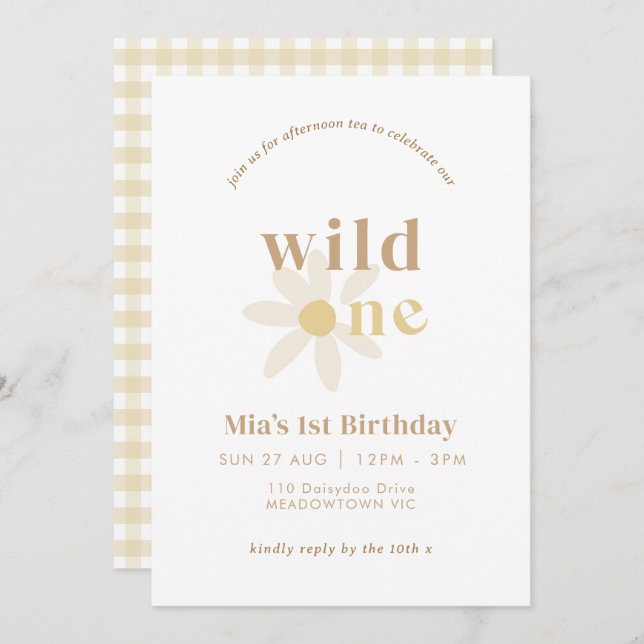 Tan Boho Daisy Floral Primer cumpleaños Invitación (Anverso / Reverso)