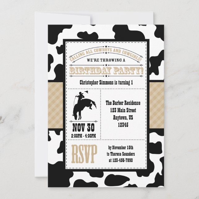 Tan Brown Piel de vaca Cowboy Invitación al cumple (Anverso)