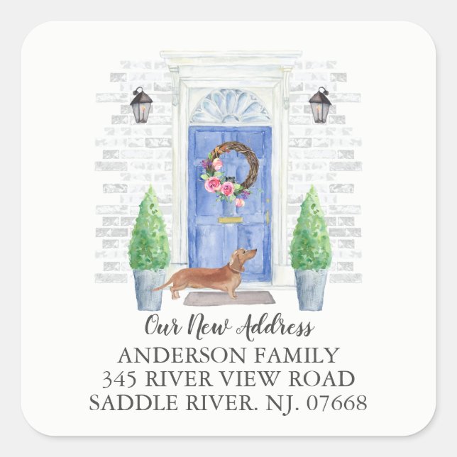 Tan Dachshund Blue Door Nueva etiqueta de direcció (Anverso)