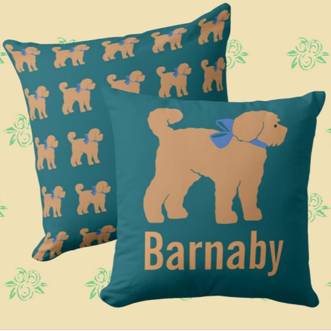 Tan Doodle Doodle Perro Oscuro Azul Almohada Verde (For your special fur baby!)