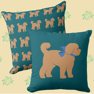 Tan Doodle Perro Perro Oscuro Azul Almohada Verde