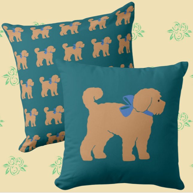 Tan Doodle Perro Perro Oscuro Azul Almohada Verde (Cute tan puppy!)