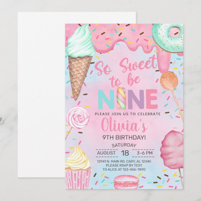 Tan dulce ser de nueve niña invitación cumpleaños  (Anverso / Reverso)