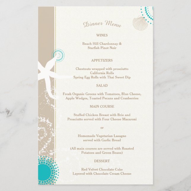 Tan Ivory Aqua Trendy Beach Wedding Menu (Anverso)