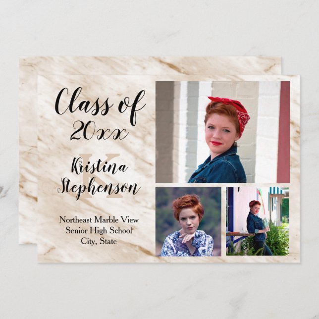 Tan Marble 3 Invitación de graduación de una escue (Anverso / Reverso)