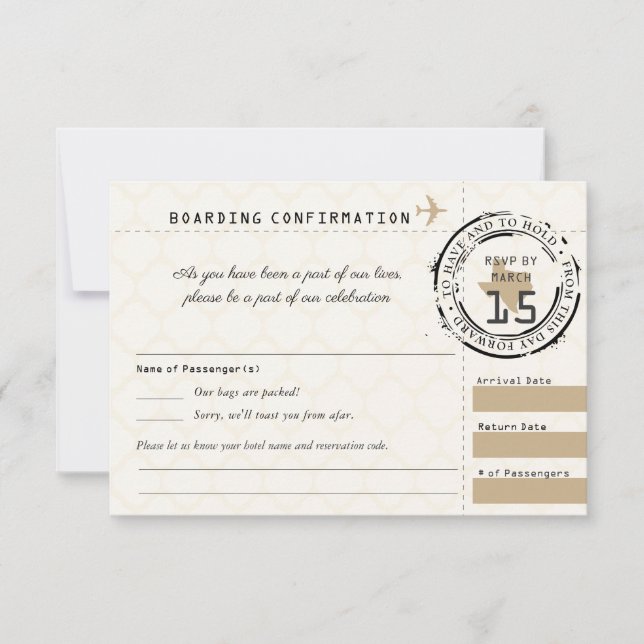 Tan Wedding RSVP Tarjeta de embarque a Texas (Anverso)