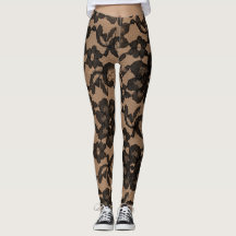 Tan y Black Elegant Faux Lace Spandex Leggings