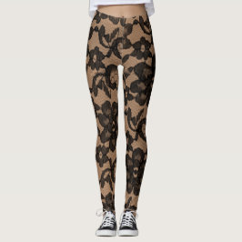 Tan y Black Elegant Faux Lace Spandex Leggings