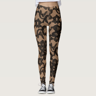 Tan y Black Elegant Faux Lace Spandex Leggings