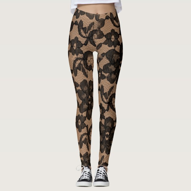 Tan y Black Elegant Faux Lace Spandex Leggings (Anverso)